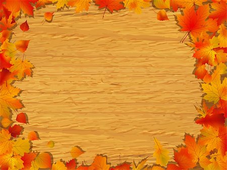 Autumn background with colored leaves on wooden board. EPS 8 vector file included Stock Photo - Budget Royalty-Free & Subscription, Code: 400-04747197