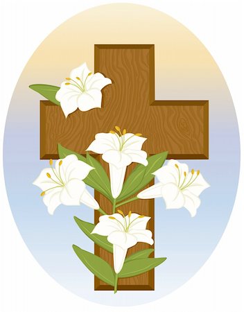 Vector art in Illustrator 8. Stylized white lilies, cross and background are SEPARATE images on their own layers for easy manipulation. Stockbilder - Microstock & Abonnement, Bildnummer: 400-04747569