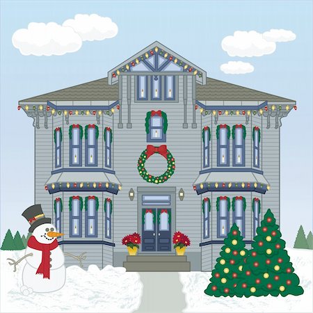 Vector art in Illustrator 8. Victorian house all ready for the holiday season. Stock Photo - Budget Royalty-Free & Subscription, Code: 400-04747570