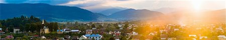 simsearch:400-04306537,k - Summer sunset country panorama (Verchnie Syniowydne village, Skole Raion, Lvivska Oblast, Ukraine) with sun flares in view. Five shots stitch image. Stock Photo - Budget Royalty-Free & Subscription, Code: 400-04747712