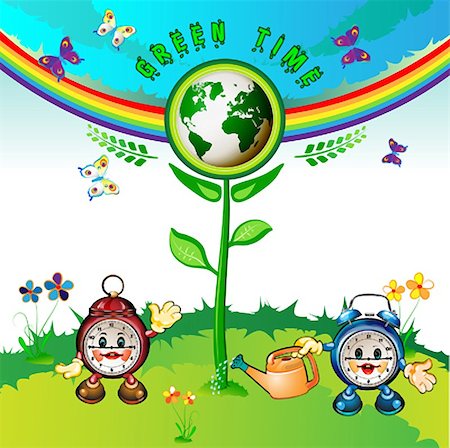 Eco Earth , cartoon clocks, flowers, butterflies and rainbow Stock Photo - Budget Royalty-Free & Subscription, Code: 400-04749091