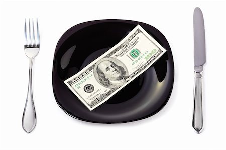 One hundred dollar banknote on a black plate with knife and fork Stock Photo - Budget Royalty-Free & Subscription, Code: 400-04749115