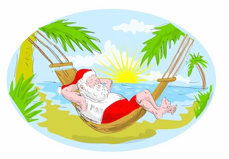 cartoon illustration of santa claus in hammock relaxing in tropical beach Stock Photo - Budget Royalty-Free & Subscription, Code: 400-04749491