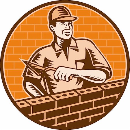illustration of a Mason worker or brick layer holding a trowel working on brick wall done in woodcut style. Stockbilder - Microstock & Abonnement, Bildnummer: 400-04749579