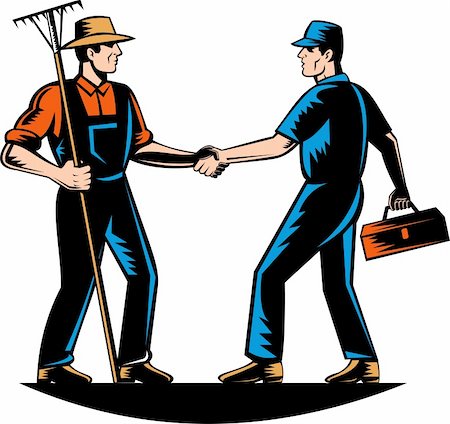 vector illustration of a farmer and a tradesman,repairman,plumber or handyman shaking hands Stock Photo - Budget Royalty-Free & Subscription, Code: 400-04749620