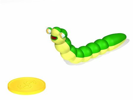 Three-dimensional cartoon the image of a caterpillar and a coin Stock Photo - Budget Royalty-Free & Subscription, Code: 400-04740068