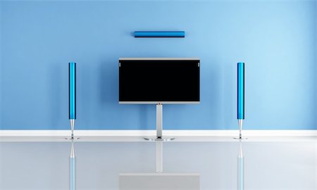 elegant tv room - minimalist blue home theater white futuristic speaker - rendering Stock Photo - Budget Royalty-Free & Subscription, Code: 400-04740186