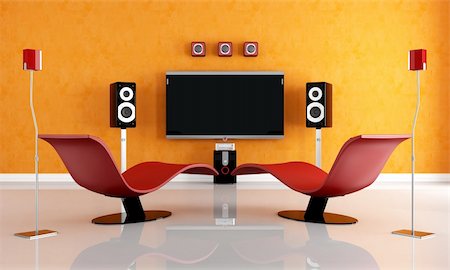 elegant tv room - modern home theater with two fashion armchair - rendering Stock Photo - Budget Royalty-Free & Subscription, Code: 400-04740187