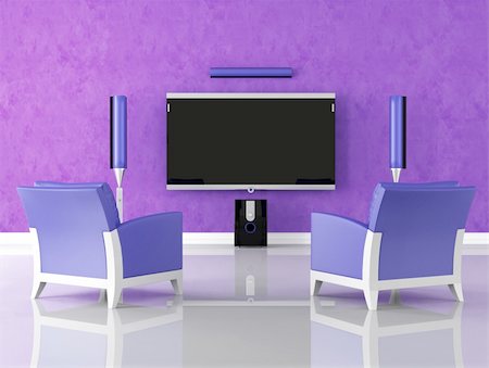 elegant tv room - modern purple home theater with armchair - rendering Stock Photo - Budget Royalty-Free & Subscription, Code: 400-04740188
