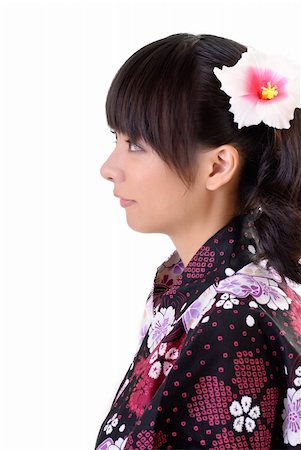 simsearch:400-05383537,k - Beautiful japanese woman with traditional clothes and flower on head with copyspace on white. Stock Photo - Budget Royalty-Free & Subscription, Code: 400-04740202