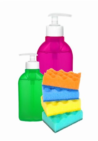 color sponges and bottles with cleaning liquid isolated on white background Stock Photo - Budget Royalty-Free & Subscription, Code: 400-04740246
