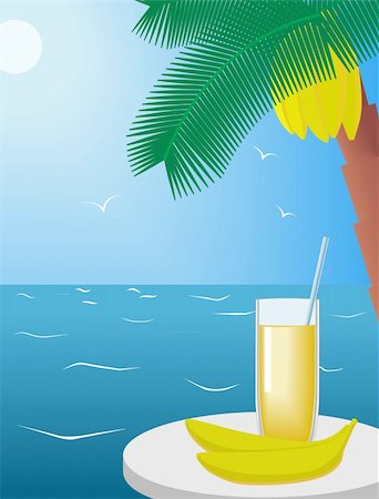 banana and a glass of juice under a palm tree are shown on the image Stock Photo - Budget Royalty-Free & Subscription, Code: 400-04740967