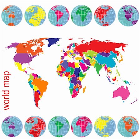 Colored world map and Earth globes Stock Photo - Budget Royalty-Free & Subscription, Code: 400-04741706