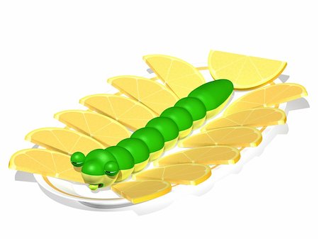 Three-dimensional cartoon the image of a caterpillar on a plate with lemons Stock Photo - Budget Royalty-Free & Subscription, Code: 400-04741901