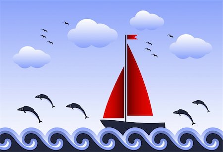 vector fishes jumping around sailboat floating on sea, Adobe Illustrator 8 format Stock Photo - Budget Royalty-Free & Subscription, Code: 400-04743342