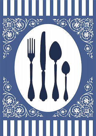 restaurant in blue with table setting - Place setting with fork, spoon and knife and ornaments. Design for food or restaurant menu card on a blue background. Full scalable vector graphic Stock Photo - Budget Royalty-Free & Subscription, Code: 400-04754324