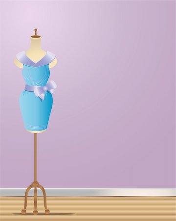 an illustration of a dressmakers manikin with a completed party dress on a wooden floor with a purple background Stock Photo - Budget Royalty-Free & Subscription, Code: 400-04754814