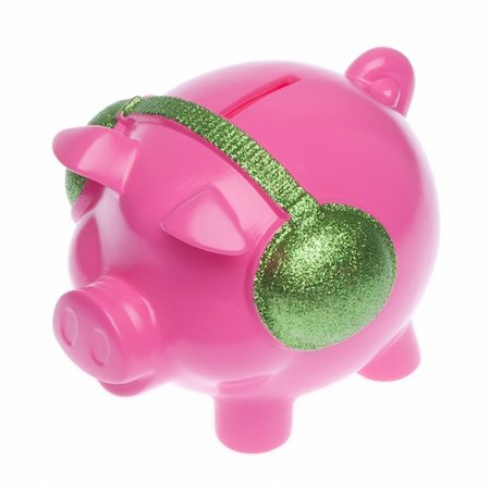 simsearch:400-05325346,k - Pink Piggy Bank with Bright Green Headphones Listening to Music.  Isolated on White with a Clipping Path. Photographie de stock - Aubaine LD & Abonnement, Code: 400-04755726