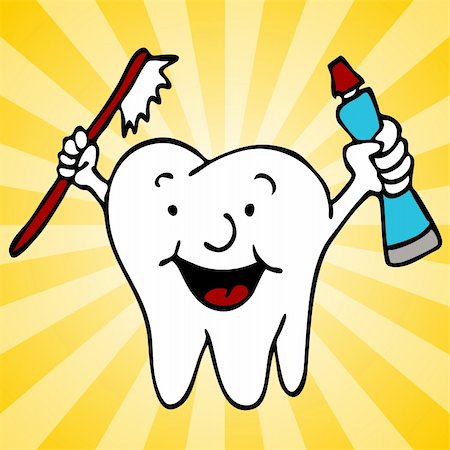 An image of a cartoon tooth character holding toothpaste and a toothbrush. Stock Photo - Budget Royalty-Free & Subscription, Code: 400-04756517