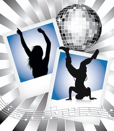 silhouette of dancers at party - Vector illustration dancing people silhouettes with old photo frame and disco ball Stock Photo - Budget Royalty-Free & Subscription, Code: 400-04757070