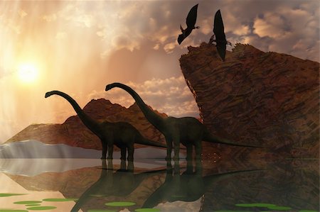 Two diplodocus dinosaurs and two flying pterodactyl birds greet the early morning mist. Stock Photo - Budget Royalty-Free & Subscription, Code: 400-04757210