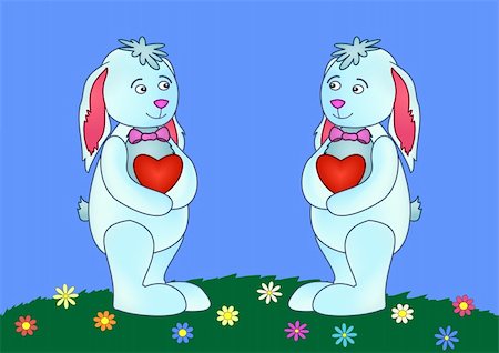 simsearch:400-04772550,k - Toy rabbits with red valentines hearts in paws standing on a flower meadow Foto de stock - Super Valor sin royalties y Suscripción, Código: 400-04757261