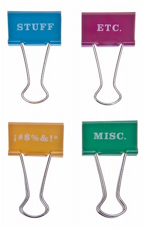 simsearch:400-05325346,k - Modern office paper clips in vibrant colors with sayings such as STUFF. ETC. !#$%&!*, and MISC.  Isolated on white with a clipping path. Photographie de stock - Aubaine LD & Abonnement, Code: 400-04757677