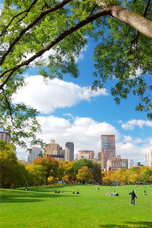 simsearch:400-08813469,k - New York City Manhattan skyline panorama viewed from Central Park with cloud and blue sky and people in lawn. Stock Photo - Budget Royalty-Free & Subscription, Code: 400-04758257