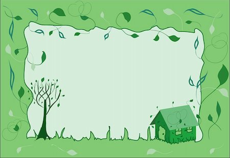 simsearch:400-07577622,k - Vector spring frame with green sprouts on house and tree and with leaves and heart-like curls on background Photographie de stock - Aubaine LD & Abonnement, Code: 400-04759258