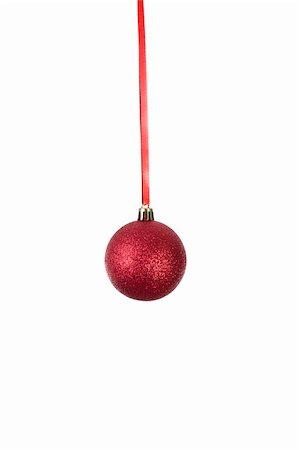 simsearch:400-04073863,k - Red Christmas Ball hanging on a red Band Photographie de stock - Aubaine LD & Abonnement, Code: 400-04759535