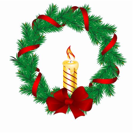 pine wreath on white - Christmas pine garland decorated with red and golden ribbons. Vector. Stock Photo - Budget Royalty-Free & Subscription, Code: 400-04759746