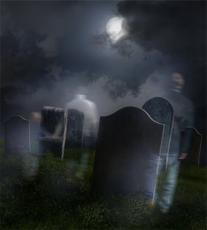 death fear - Ghosts wandering in old cemetery with full moon Stock Photo - Budget Royalty-Free & Subscription, Code: 400-04750684