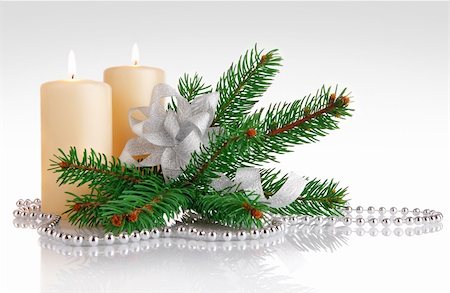 simsearch:400-04210315,k - burning candles with branch firtree beads and silvery bow Stock Photo - Budget Royalty-Free & Subscription, Code: 400-04750765