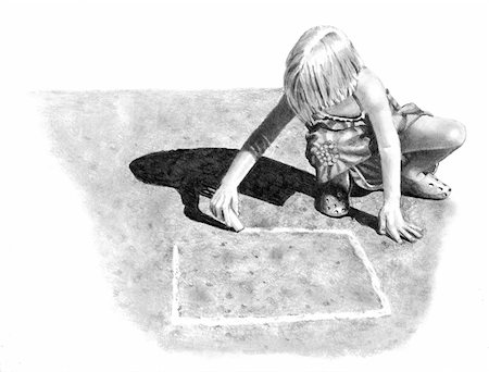 This is a realism graphite pencil drawing of a small girl drawing a hopscotch grid on the pavement on a sunny day. Stock Photo - Budget Royalty-Free & Subscription, Code: 400-04751884