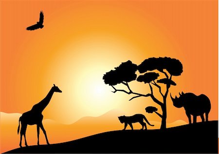 vector illustration of african landscape with animal silhouettes Stock Photo - Budget Royalty-Free & Subscription, Code: 400-04752084