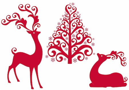 deer ornament - red reindeer with ornamental christmas tree, vector background Stock Photo - Budget Royalty-Free & Subscription, Code: 400-04752578