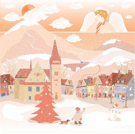 Decorative Christmas, New Year postcard, with snow, angel and city. Photographie de stock - Aubaine LD & Abonnement, Code: 400-04753763