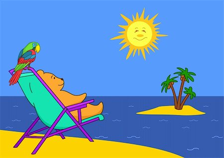 Teddy-bear has a rest on a beach, sitting in a chaise lounge, its friend a parrot there and then sits Fotografie stock - Microstock e Abbonamento, Codice: 400-04753906