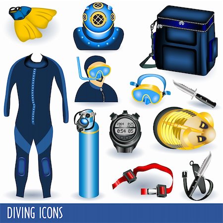 diver in the suit - Variety of diving icons isolated on white background. Stock Photo - Budget Royalty-Free & Subscription, Code: 400-04764214