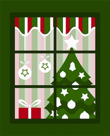 decor home new year - vector Christmas tree and gift behind window, Adobe Illustrator 8 format Stock Photo - Budget Royalty-Free & Subscription, Code: 400-04764607