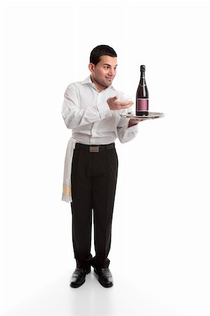 Waiter or bartender presenting a bottle on a silver platter.  White background. Stock Photo - Budget Royalty-Free & Subscription, Code: 400-04765778