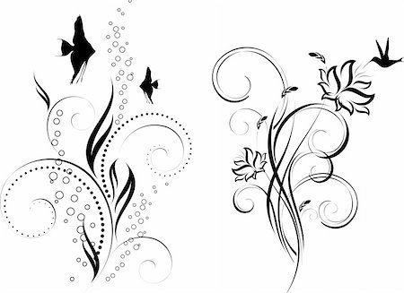 filigree tattoo pictures - floral design. Underwater ornament. Floral pattern. Birds and fish Stock Photo - Budget Royalty-Free & Subscription, Code: 400-04765954