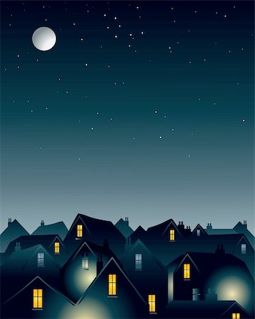 an illustration of a full moon over the rooftops of a city Stock Photo - Budget Royalty-Free & Subscription, Code: 400-04766067