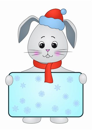 simsearch:622-06487860,k - The cheerful hare in Santa Claus hat holds in his paws blue poster decorated with snowflakes Photographie de stock - Aubaine LD & Abonnement, Code: 400-04766446