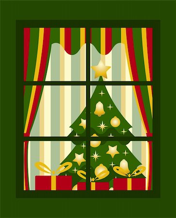 decor home new year - vector Christmas tree and gifts behind window, Adobe Illustrator 8 format Stock Photo - Budget Royalty-Free & Subscription, Code: 400-04766790