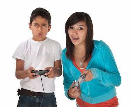 sibling sad - Latino siblings battle in video games on white background Stock Photo - Budget Royalty-Free & Subscription, Code: 400-04768644