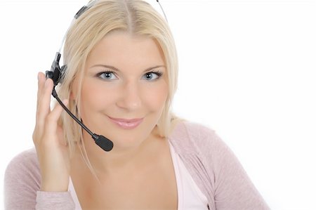 simsearch:400-05209692,k - Young woman with microphone and computer having online conversation throw internet. help desk assistant Stock Photo - Budget Royalty-Free & Subscription, Code: 400-04768766