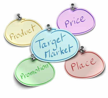 sales training - notes where it's written target market, product, price, place and promotion fixed over a white background with pushpin Stock Photo - Budget Royalty-Free & Subscription, Code: 400-04768854