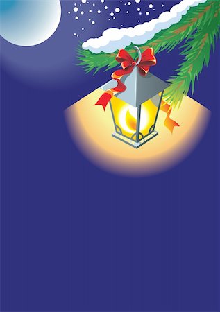 simsearch:400-04926123,k - Christmas copyspace background with lantern hanging on fir tree under the moonlight, with red ribbon and bow, vector illustration Stock Photo - Budget Royalty-Free & Subscription, Code: 400-04768914