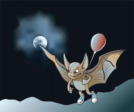 scared of balloons - Little vampire bat flying in the moonlight holding air balloon, cartoon vector illustration with mesh Stock Photo - Budget Royalty-Free & Subscription, Code: 400-04768911